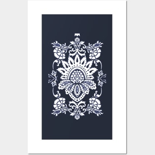 White and Blue Damask Posters and Art